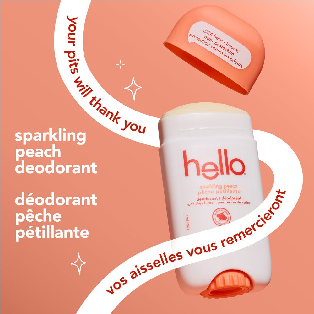A stick of hello sparkling peach deodorant with its orange cap off, set on a peach background. The text reads &quot;your pits will thank you&quot; and &quot;sparkling peach deodorant.&quot; Decorative sparkles appear next to the text.