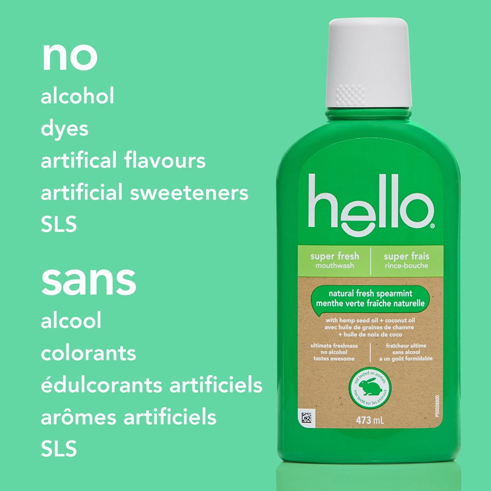 A green bottle of hello super fresh mouthwash is centered on a plain green background. Text to the left lists ingredients the product does not contain: &quot;no alcohol, dyes, artificial flavours, artificial sweeteners, SLS&quot; in English and French.