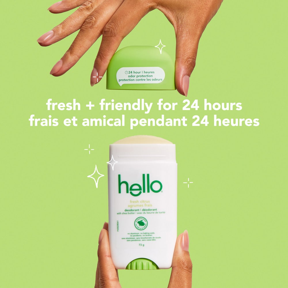 A white bottle of Hello Fresh Citrus deodorant. The bottle has blue and green lettering and states &quot;24 hour odor protection,&quot; &quot;fresh citrus,&quot; &quot;with shea butter,&quot; &quot;no aluminum,&quot; &quot;no baking soda,&quot; &quot;no parabens,&quot; and &quot;no brainer&quot; in both English and French. 