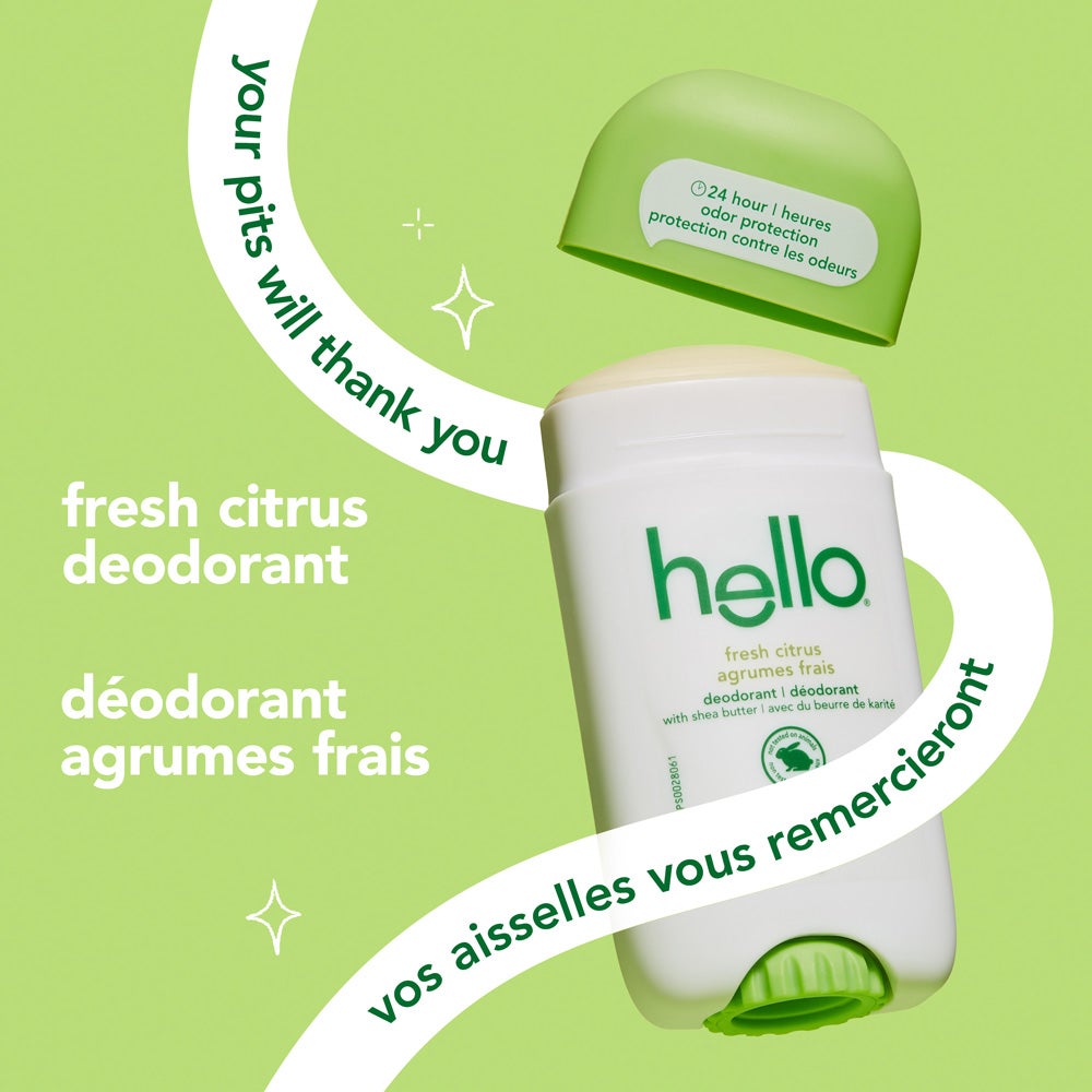 A stick of hello fresh citrus deodorant with its green cap off, set on a green background. The text reads &quot;your pits will thank you&quot; and &quot;fresh citrus &quot; Decorative sparkles appear next to the text.