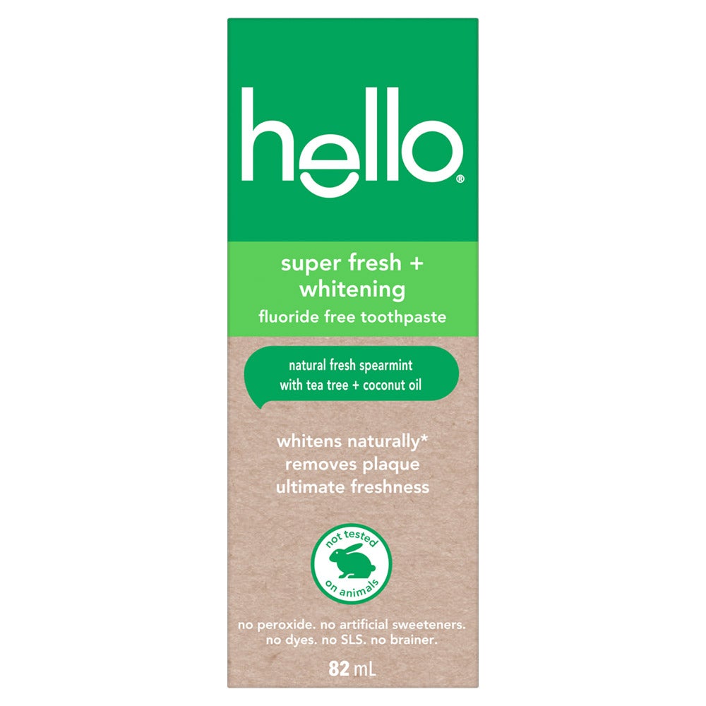 carton of hello Super Fresh + Whitening Fluoride Free Toothpaste, Spearmint, 82 ml.