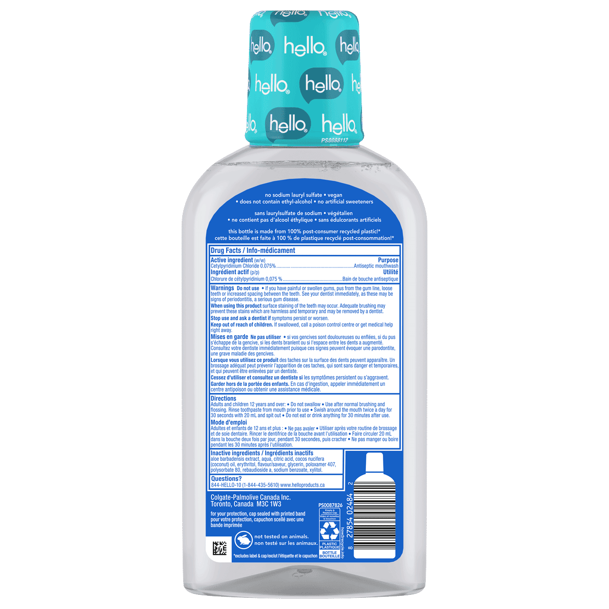 Back label of hello Extra Minty Alcohol Free Mouthwash with Extra Cooling showing ingredients and product information.