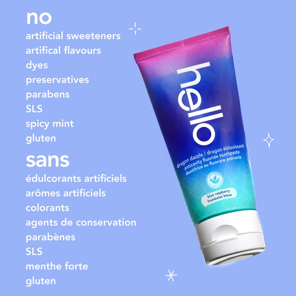A tilted tube of hello dragon dazzle blue raspberry fluoride toothpaste appears against a pale blue background. The text highlights the absence of certain ingredients: &quot;no artificial sweeteners, artificial flavours, dyes, preservatives, parabens, SLS, spicy mint, gluten.&quot;