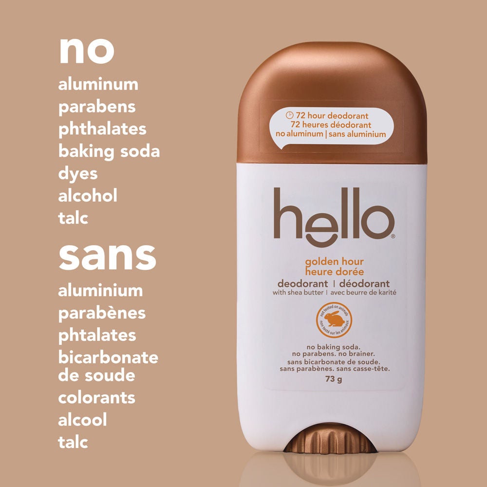 hello golden hour aluminum free deodorant for Women and Men made without aluminum, parabens, phthalates, dyes, or baking soda.
