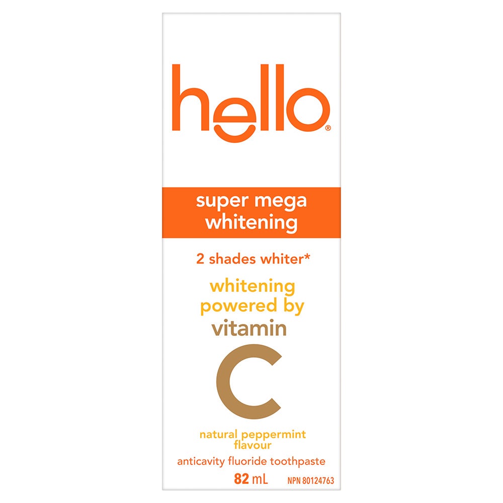carton of Hello Super Mega Whitening toothpaste, natural peppermint flavor, 82 mL, powered by vitamin C.