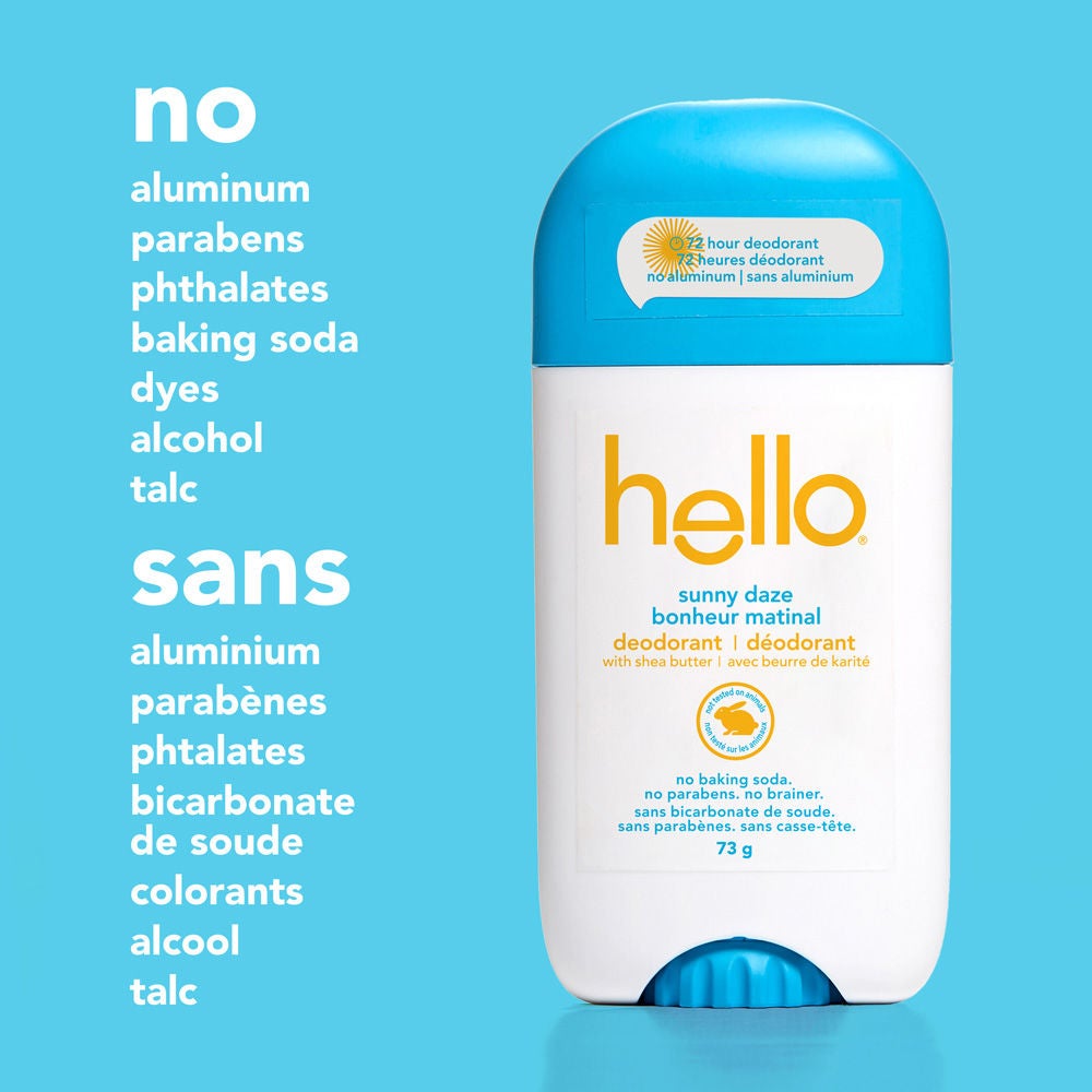 Hello Sunny Daze deodorant stick shown beside a full "no" list in English and French: aluminum, parabens, phthalates, baking soda, dyes, alcohol, and talc.