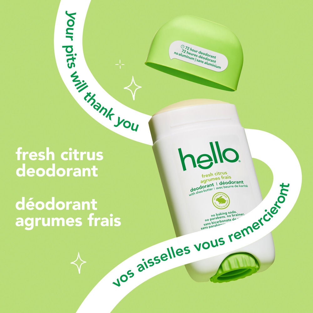 hello Fresh Citrus Aluminum Free Deodorant for Women and Men with cap off and citrus-powered confidence.