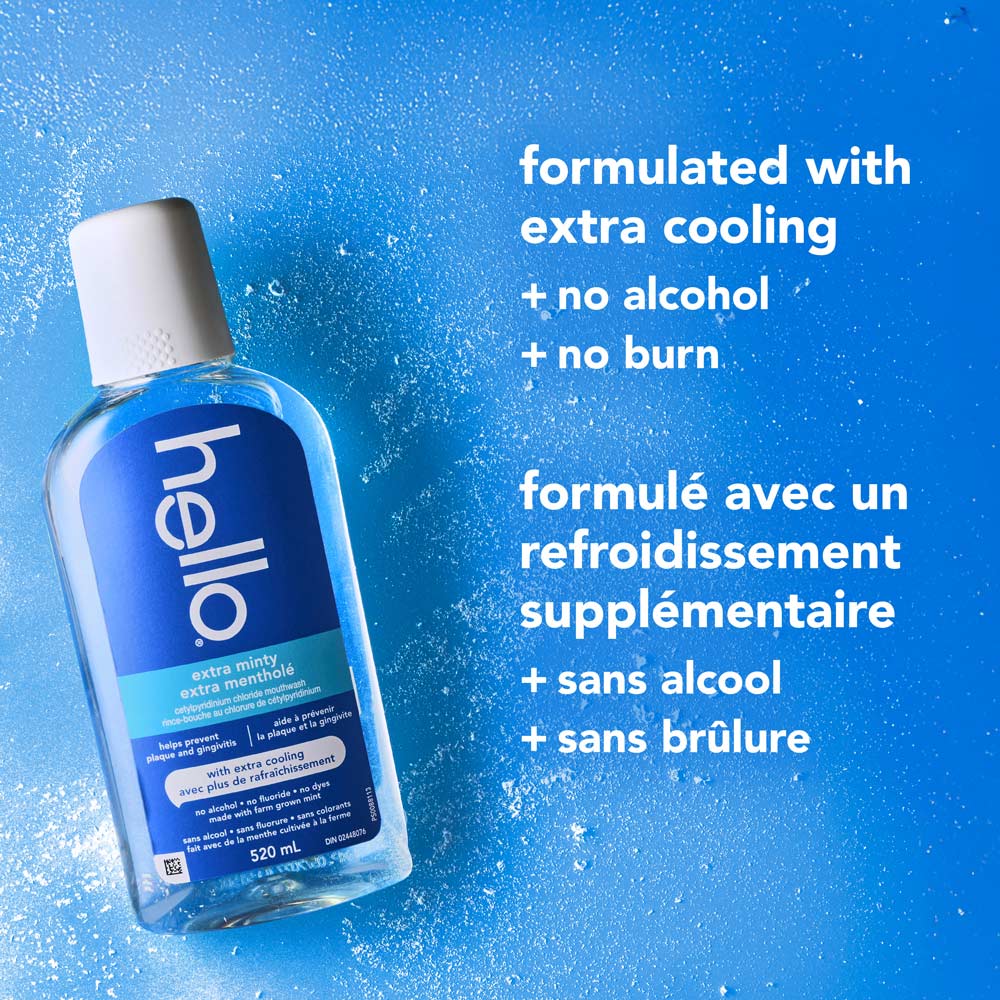 hello Extra Minty Alcohol Free Mouthwash with Extra Cooling on a blue background with snow imagery and “Formulated with extra cooling, no alcohol, no burn” text.